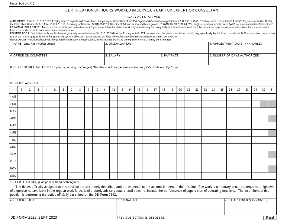 DD Form 2525 Certification of Hours Worked in Service Year for Expert or Consultant, Page 1