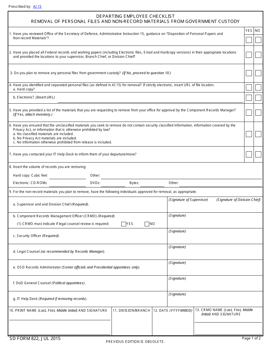 SD Form 822 Departing Employee Checklist - Removal of Personal Files and Non-record Materials From Government Custody, Page 1