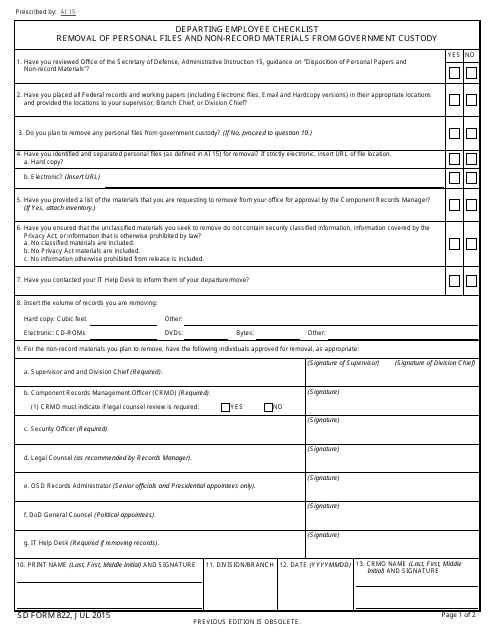 SD Form 822 Departing Employee Checklist - Removal of Personal Files and Non-record Materials From Government Custody