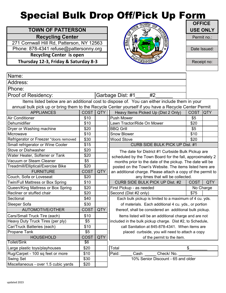 Special Bulk Drop off / Pick up Form - Town of Patterson, New York, Page 1