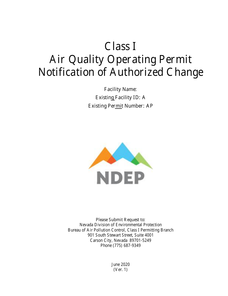Class I Air Quality Operating Permit Notification of Authorized Change - Nevada, Page 1