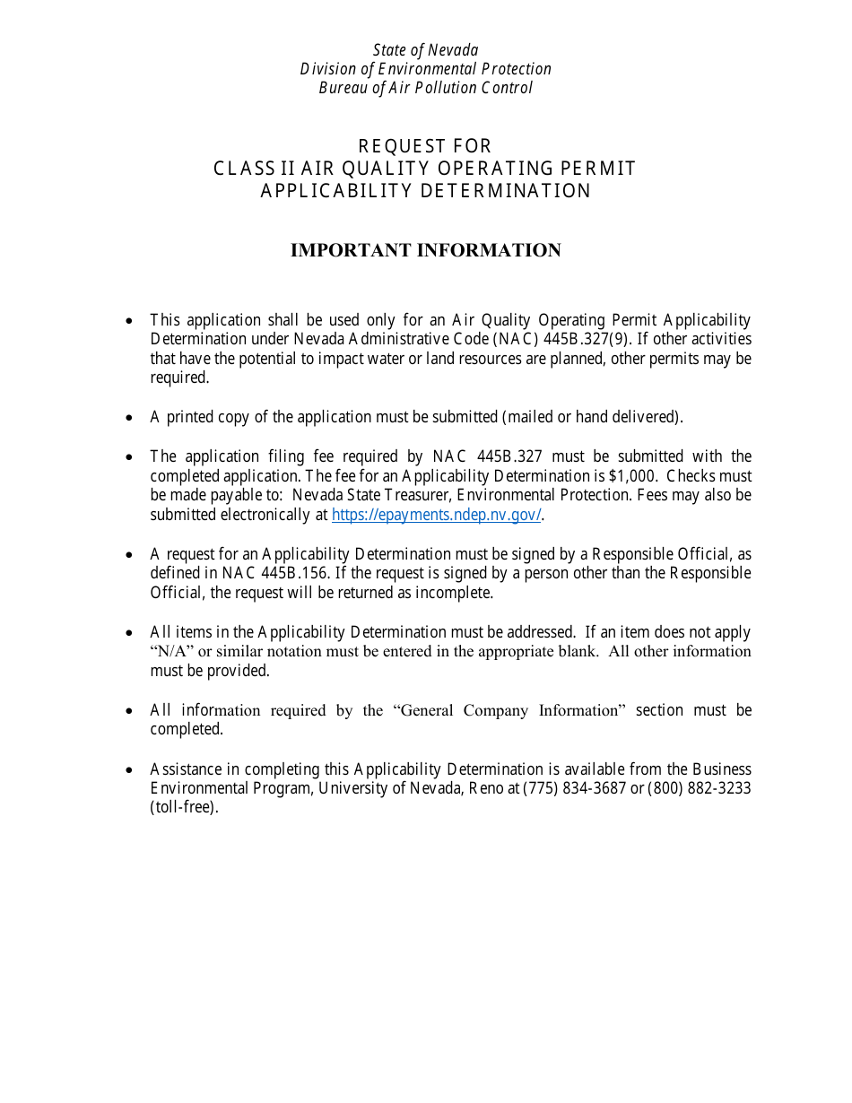 Class II Air Quality Operating Permit Applicability Determination Form - Nevada, Page 2