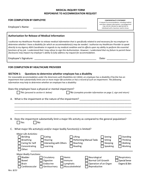 Medical Inquiry Form Responsive to Accommodation Request - Louisiana Download Pdf