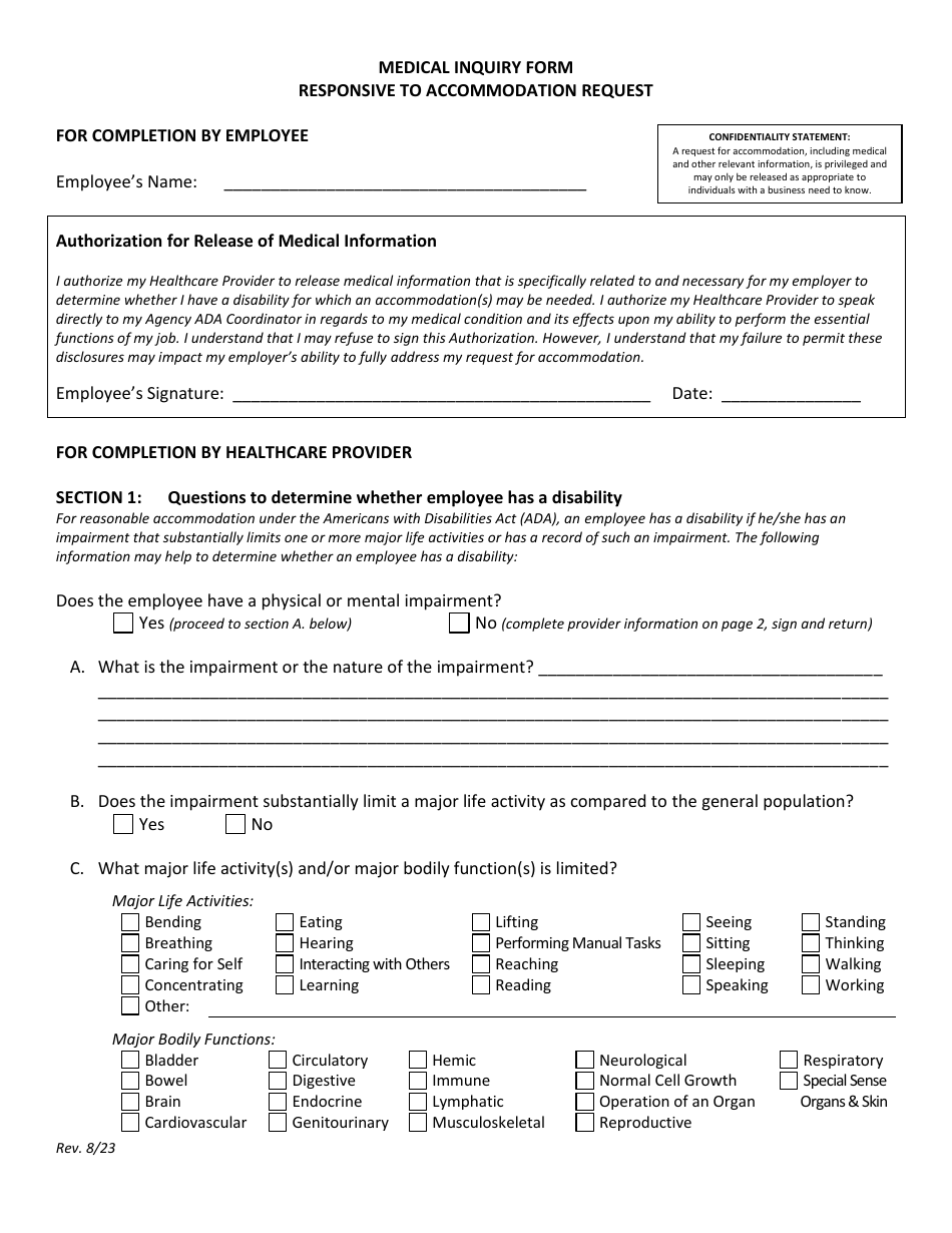 Medical Inquiry Form Responsive to Accommodation Request - Louisiana, Page 1