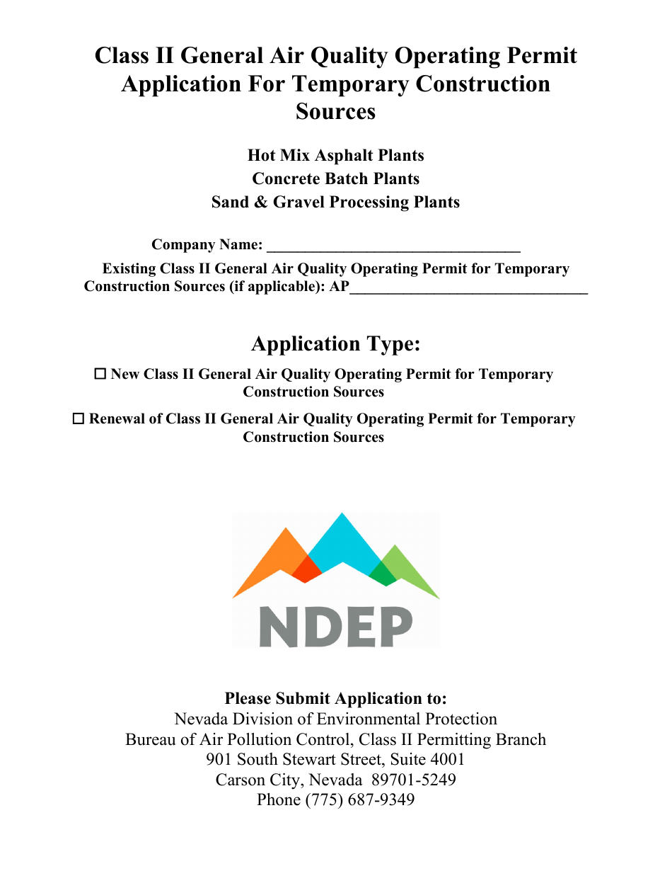 Class II General Air Quality Operating Permit Application for Temporary Construction Sources - Hot Mix Asphalt Plants / Concrete Batch Plants / Sand  Gravel Processing Plants - Nevada, Page 1