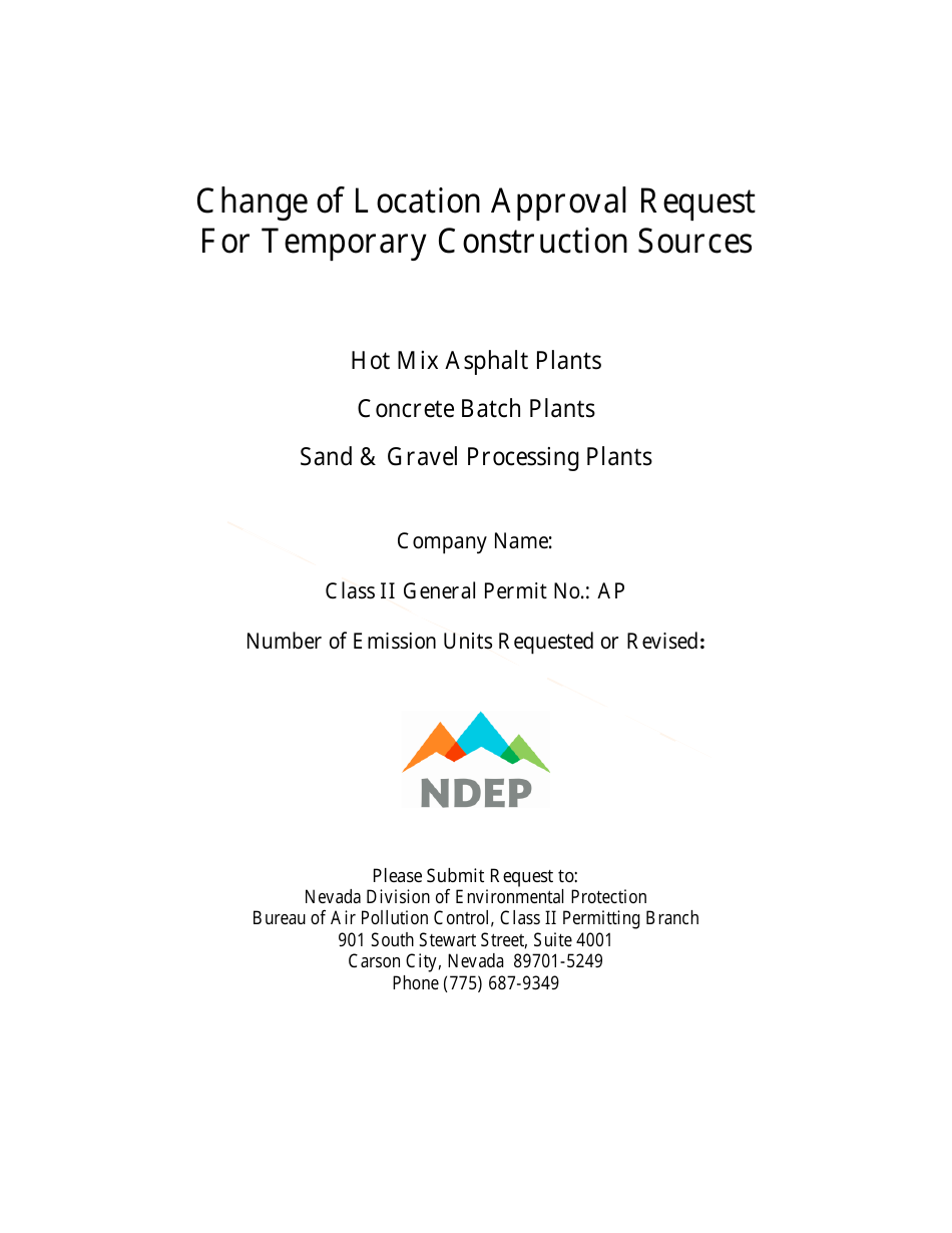 Change of Location Approval Request for Temporary Construction Sources - Hot Mix Asphalt Plants / Concrete Batch Plants / Sand  Gravel Processing Plants - Nevada, Page 1