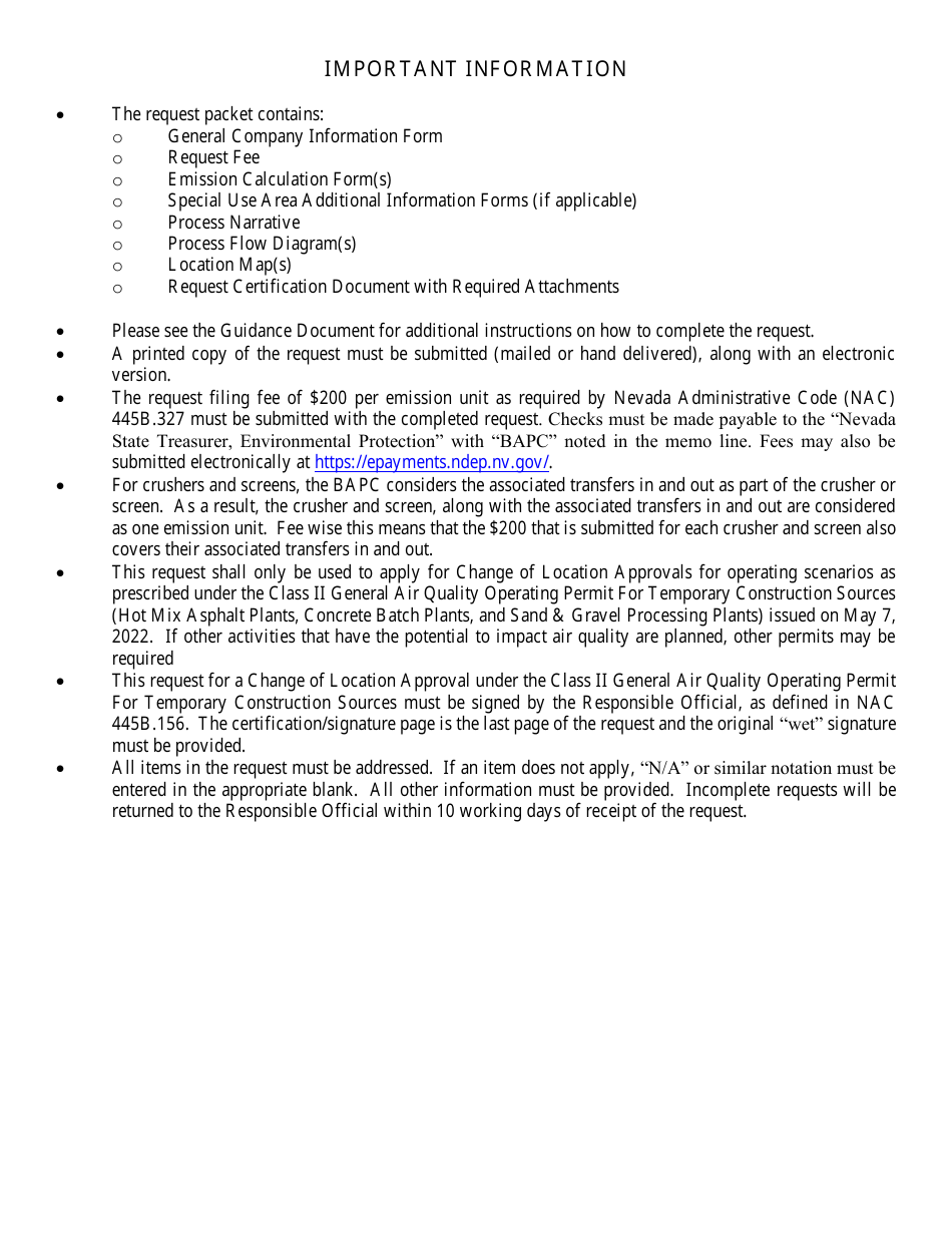 Change of Location Approval Request for Temporary Construction Sources - Hot Mix Asphalt Plants / Concrete Batch Plants / Sand  Gravel Processing Plants - Nevada, Page 2