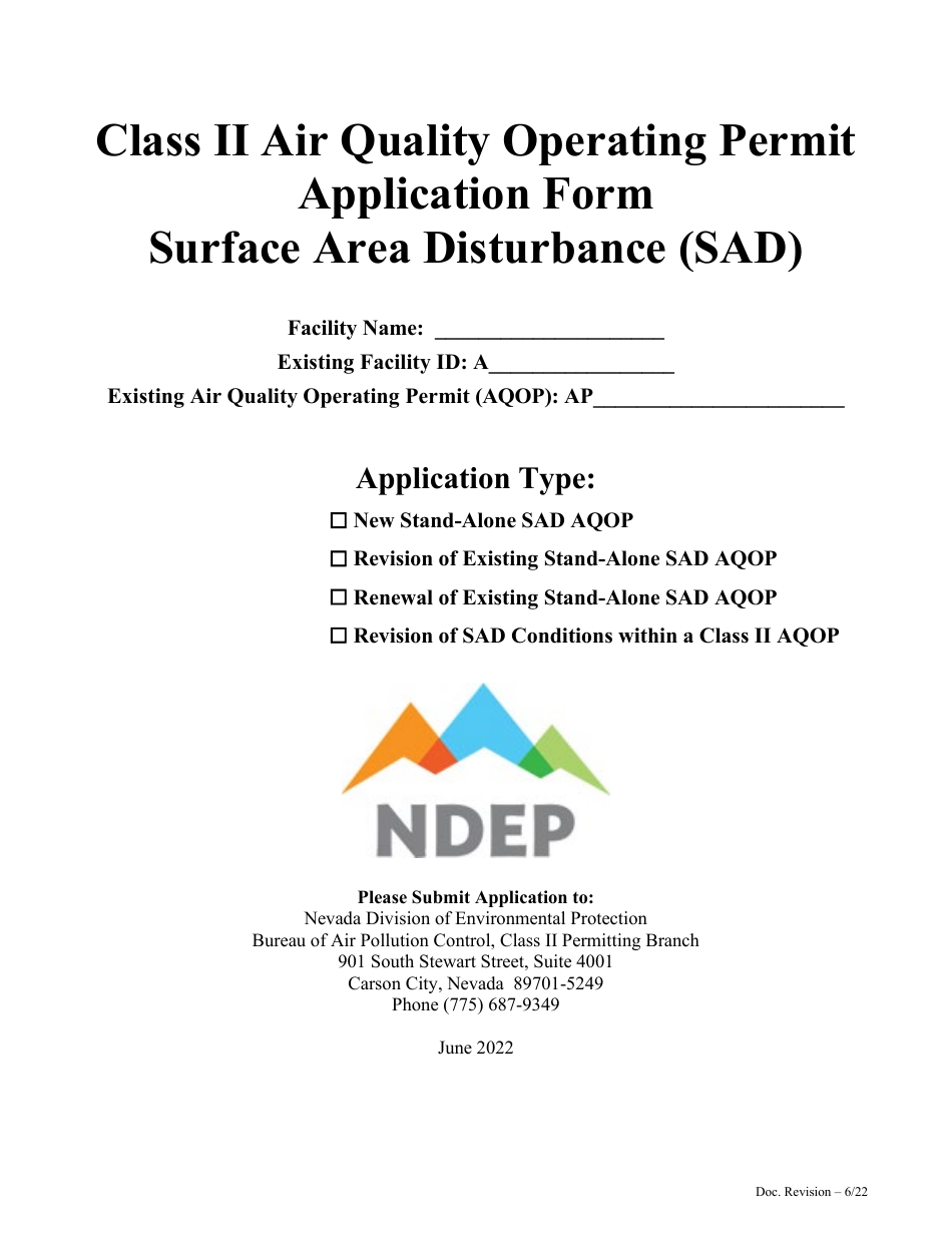 Class II Air Quality Operating Permit Application Form - Surface Area Disturbance (Sad) - Nevada, Page 1