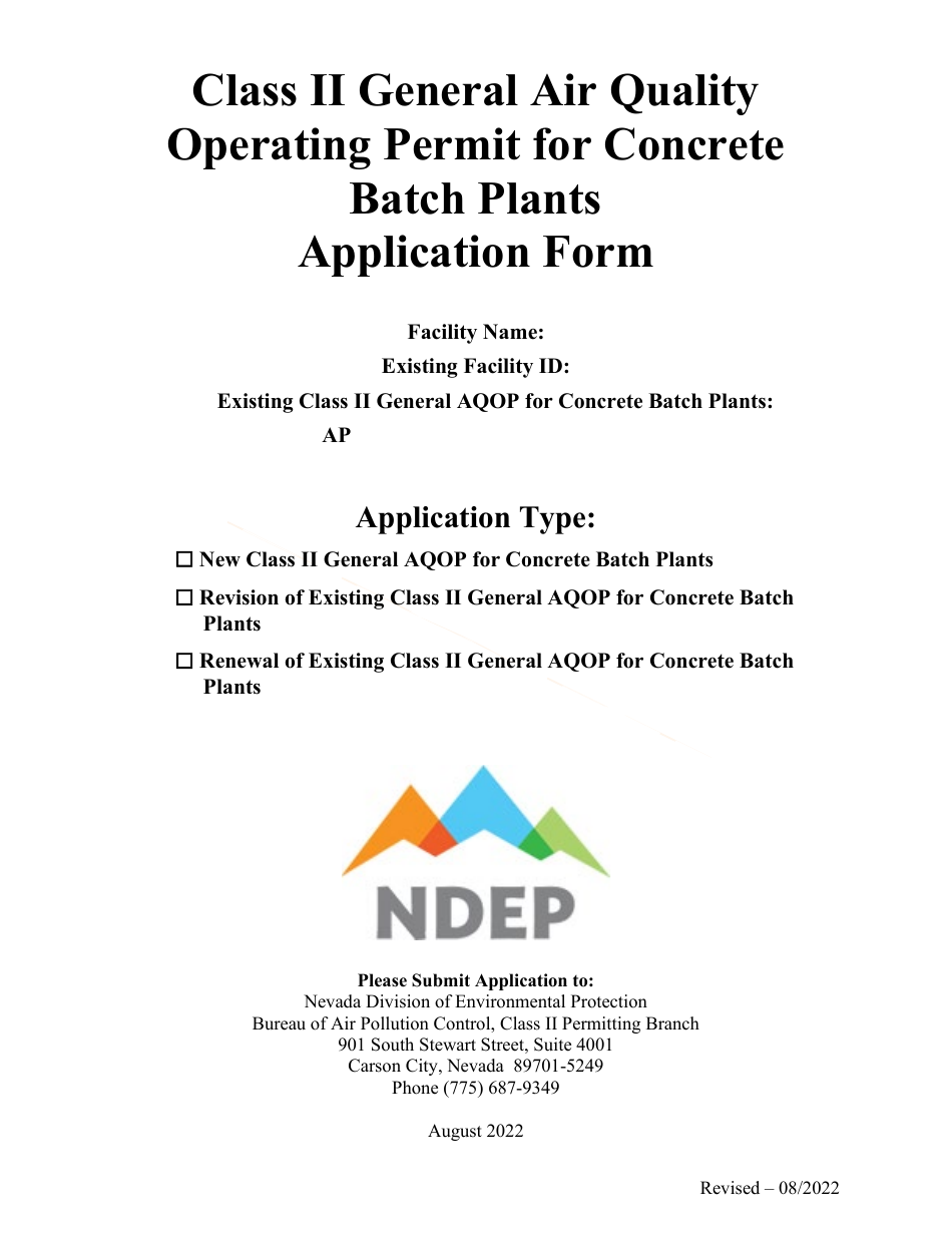 Class II General Air Quality Operating Permit for Concrete Batch Plants Application Form - Nevada, Page 1