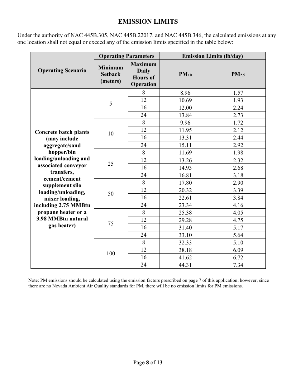 Class II General Air Quality Operating Permit for Concrete Batch Plants Application Form - Nevada, Page 8