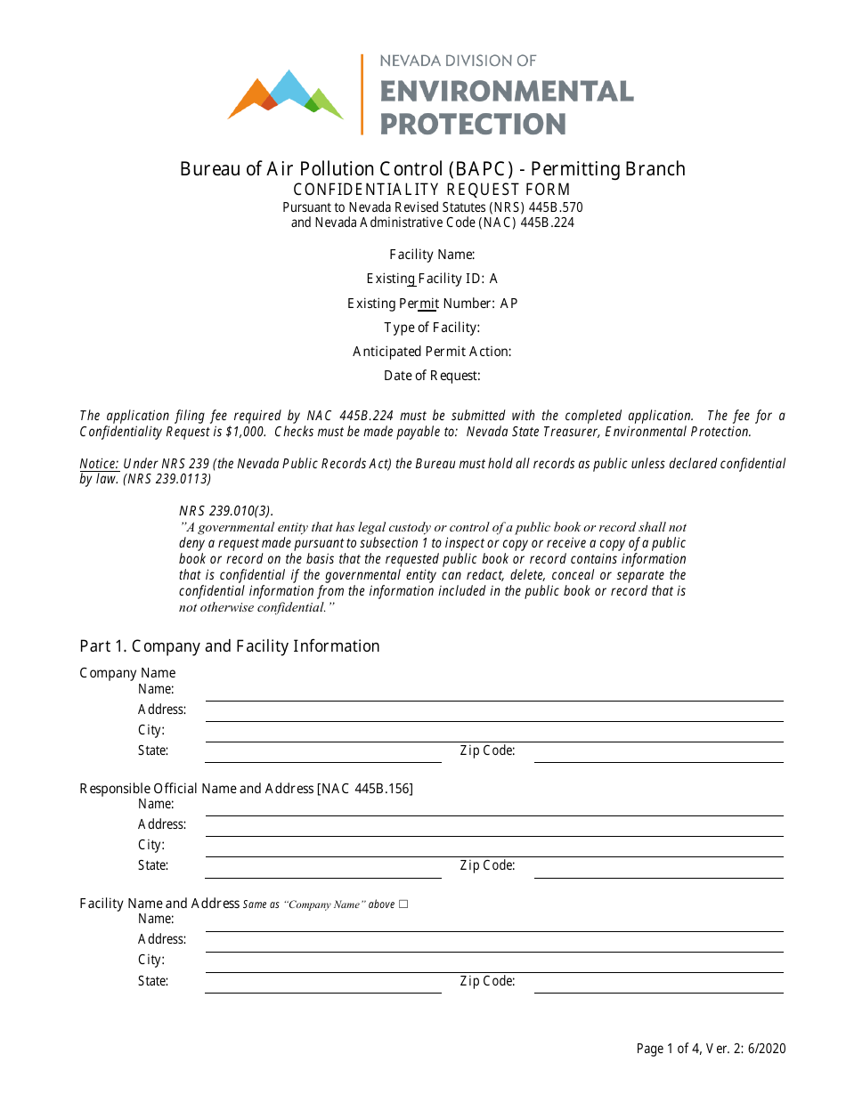 Confidentiality Request Form - Nevada, Page 1