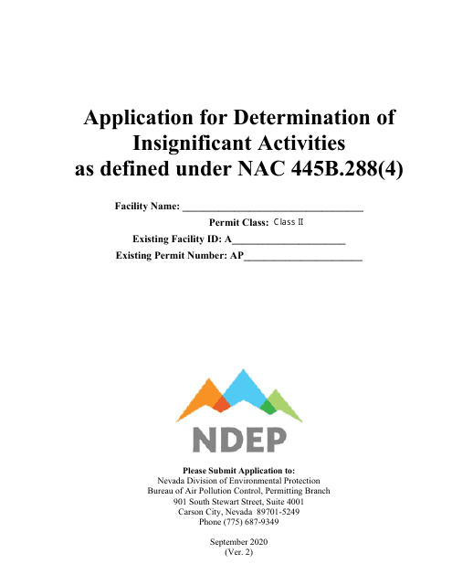 Application for Determination of Insignificant Activities as Defined Under Nac 445b.288(4) - Nevada Download Pdf