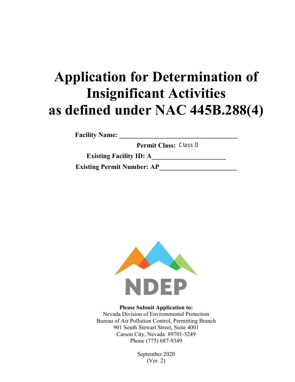 Application for Determination of Insignificant Activities as Defined Under Nac 445b.288(4) - Nevada, Page 1