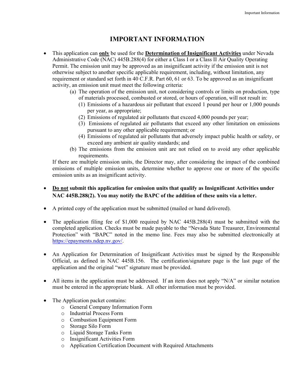 Application for Determination of Insignificant Activities as Defined Under Nac 445b.288(4) - Nevada, Page 2