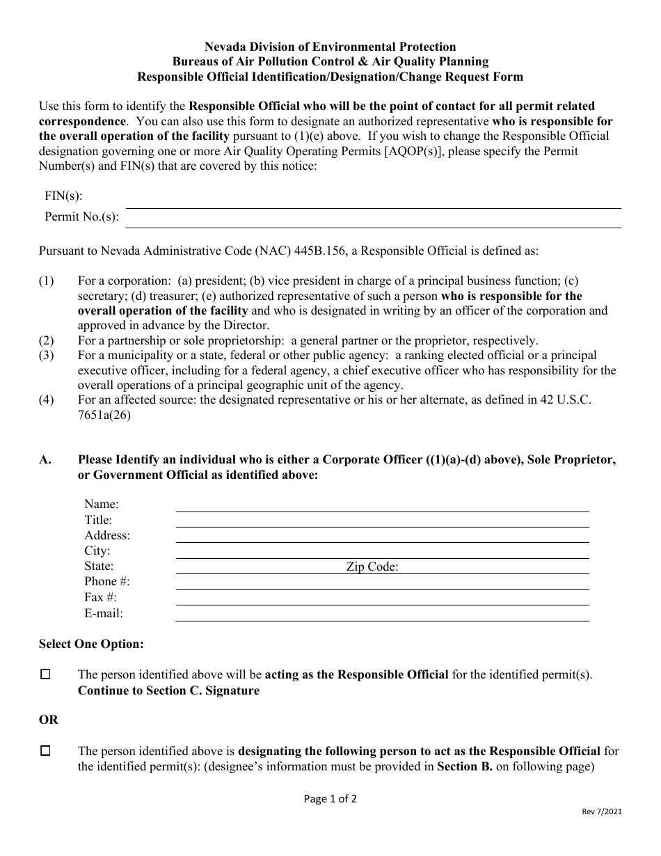 Responsible Official Identification / Designation / Change Request Form - Nevada, Page 1