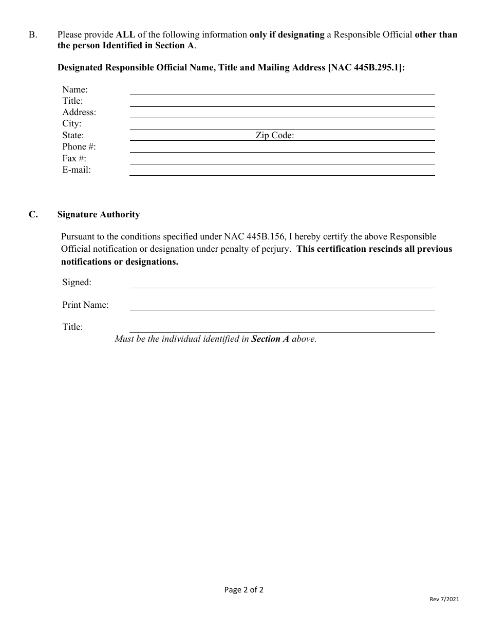 Responsible Official Identification / Designation / Change Request Form - Nevada, Page 2