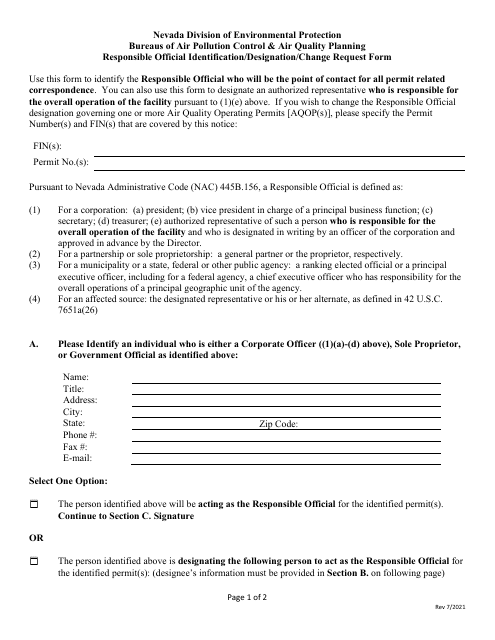 Responsible Official Identification / Designation / Change Request Form - Nevada Download Pdf