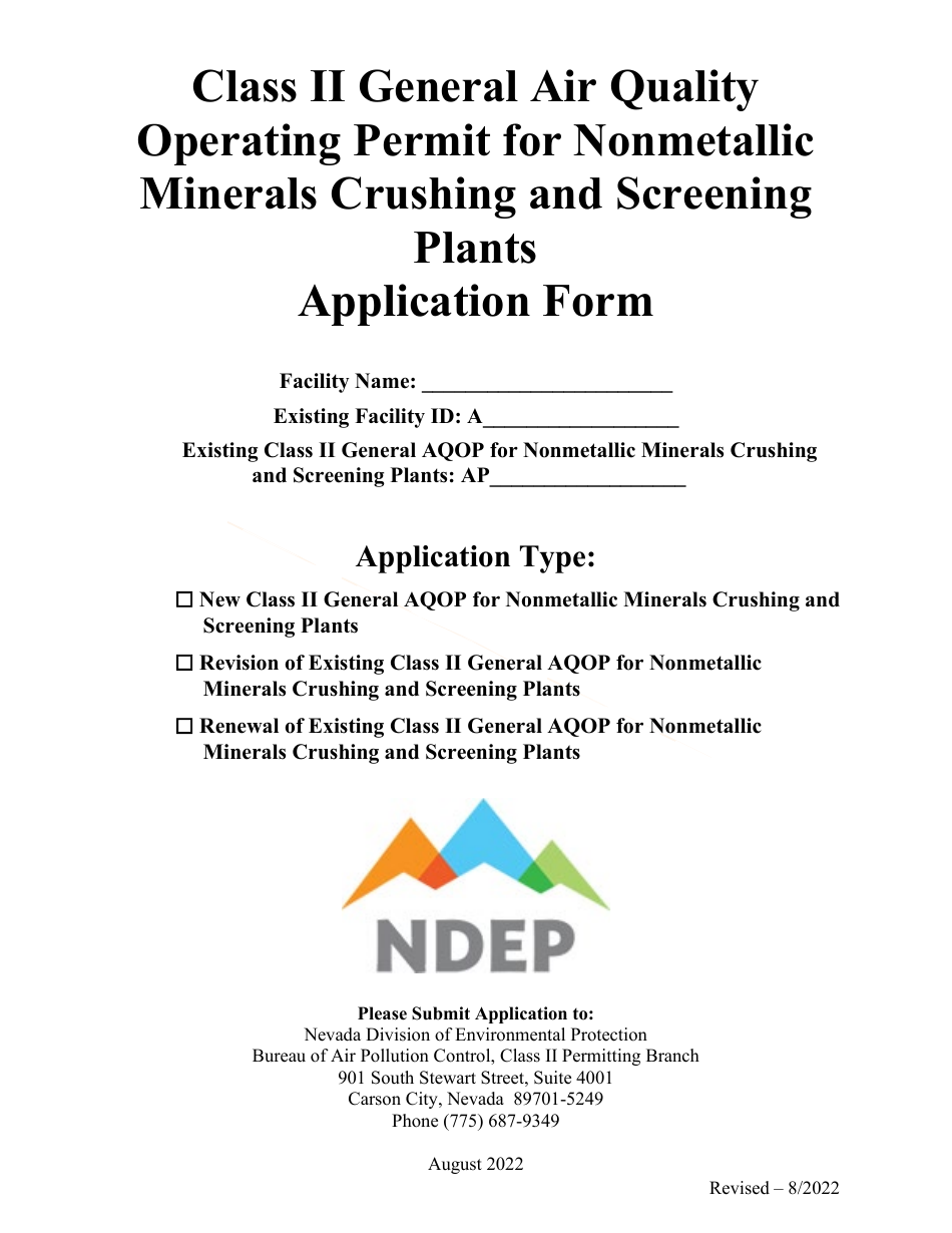 Class II General Air Quality Operating Permit for Nonmetallic Minerals Crushing and Screening Plants Application Form - Nevada, Page 1