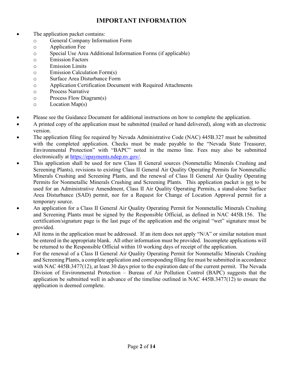Class II General Air Quality Operating Permit for Nonmetallic Minerals Crushing and Screening Plants Application Form - Nevada, Page 2