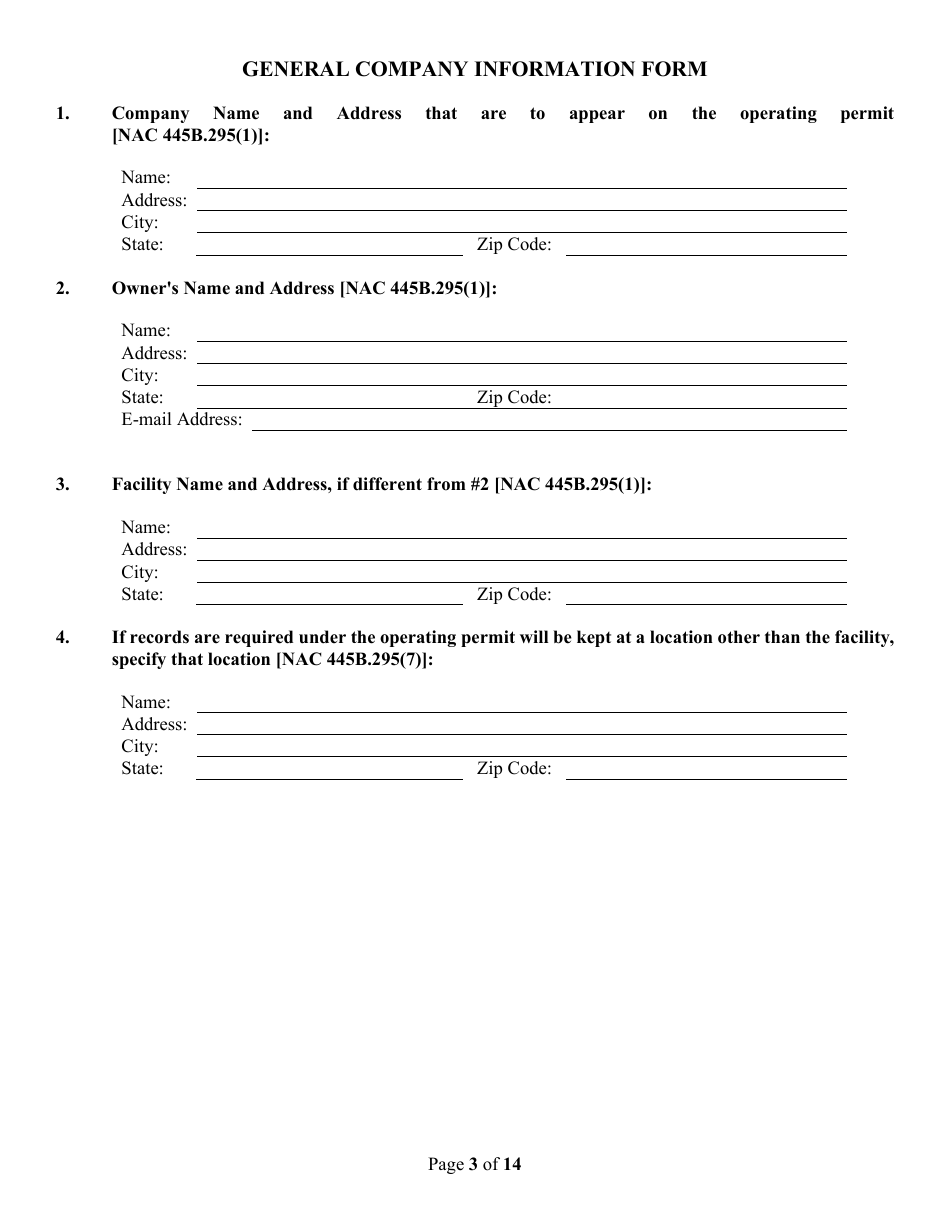Class II General Air Quality Operating Permit for Nonmetallic Minerals Crushing and Screening Plants Application Form - Nevada, Page 3