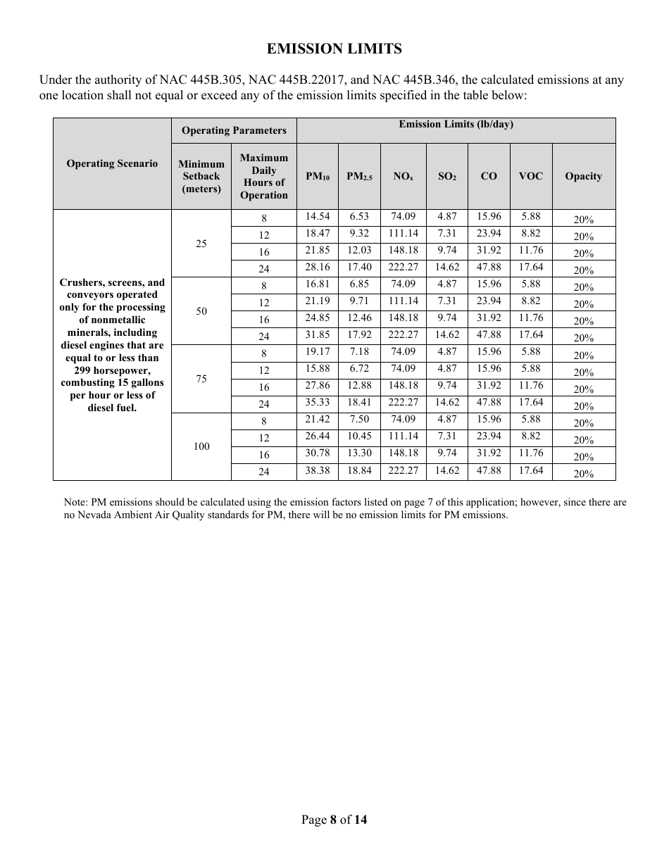 Class II General Air Quality Operating Permit for Nonmetallic Minerals Crushing and Screening Plants Application Form - Nevada, Page 8