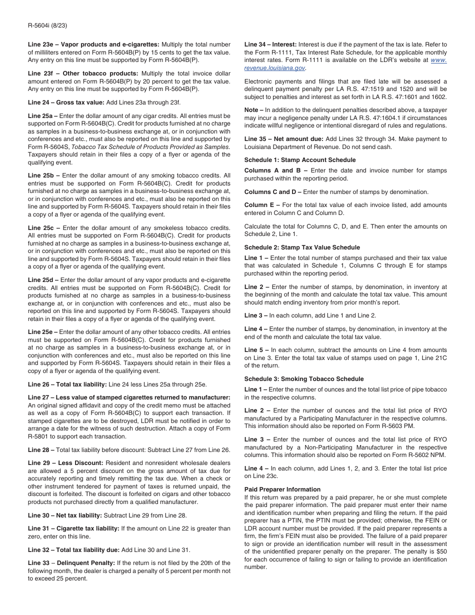 Instructions for Form R-5604 Louisiana Tobacco Tax Return - Louisiana, Page 2