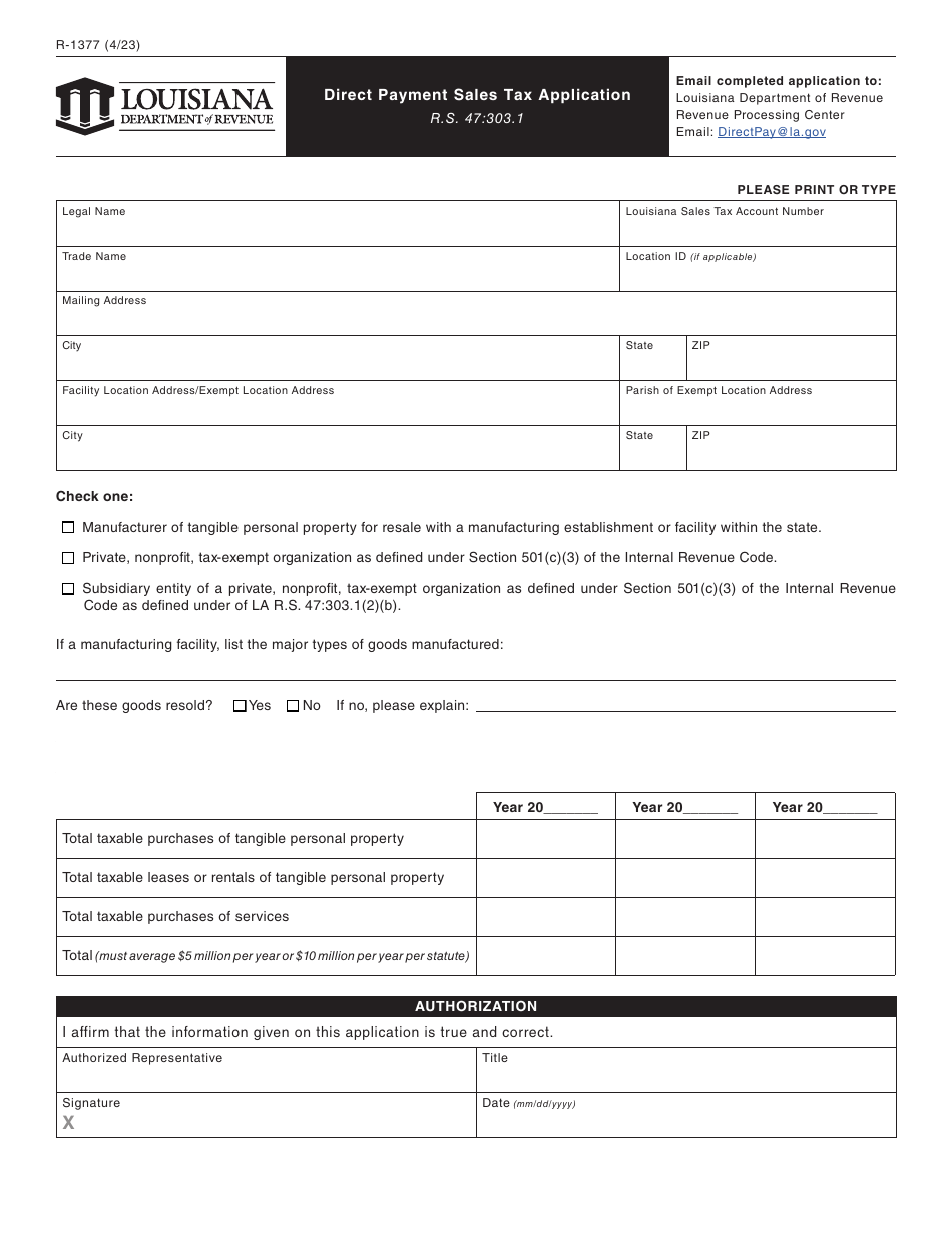 Form R-1377 Direct Payment Sales Tax Application - Louisiana, Page 1