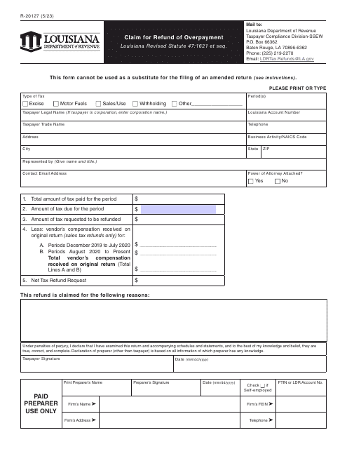 Form R-20127 Claim for Refund of Overpayment - Louisiana