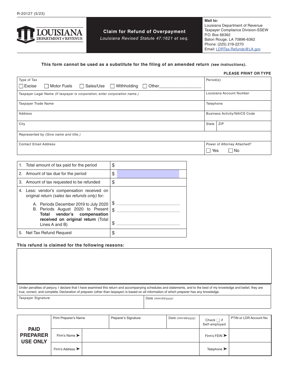 Form R-20127 Claim for Refund of Overpayment - Louisiana, Page 1