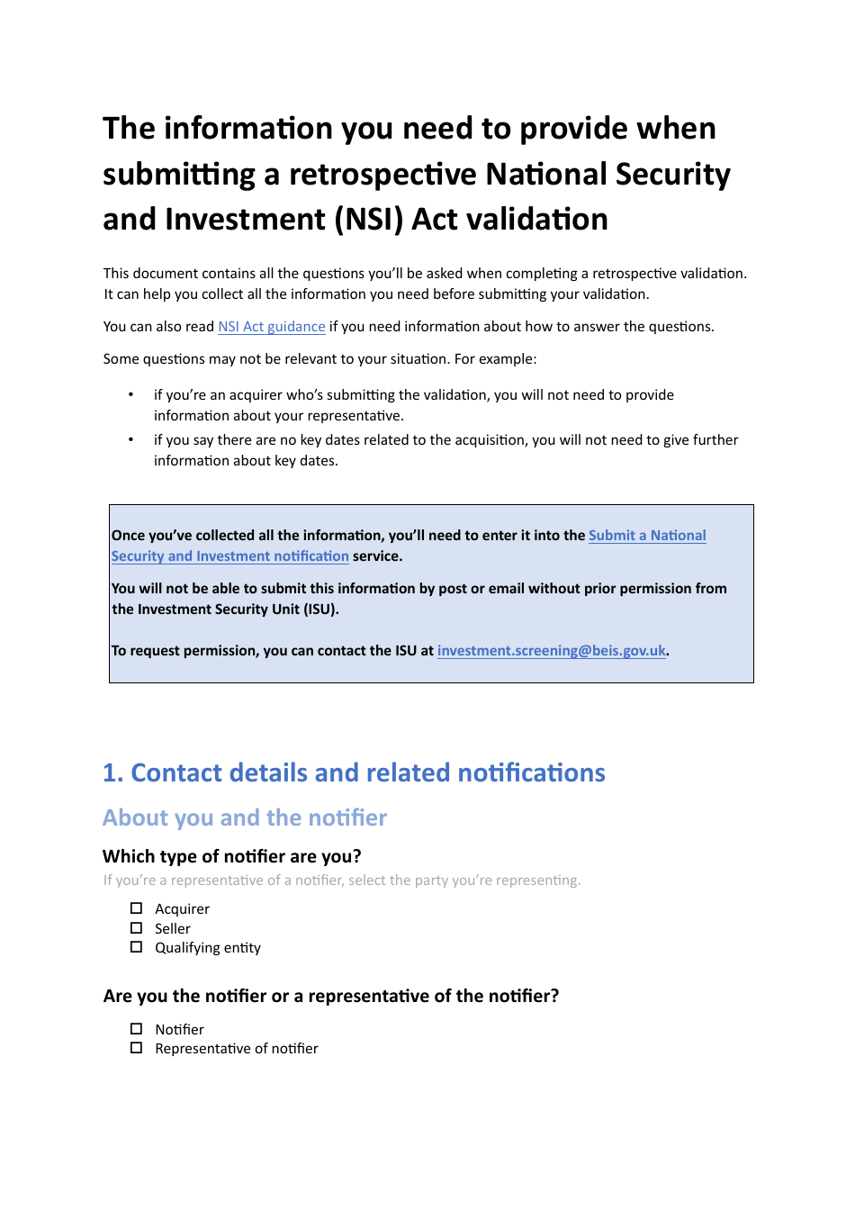 Retrospective National Security and Investment (Nsi) Act Validation Form - United Kingdom, Page 1