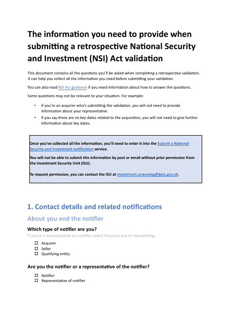 Retrospective National Security and Investment (Nsi) Act Validation Form - United Kingdom