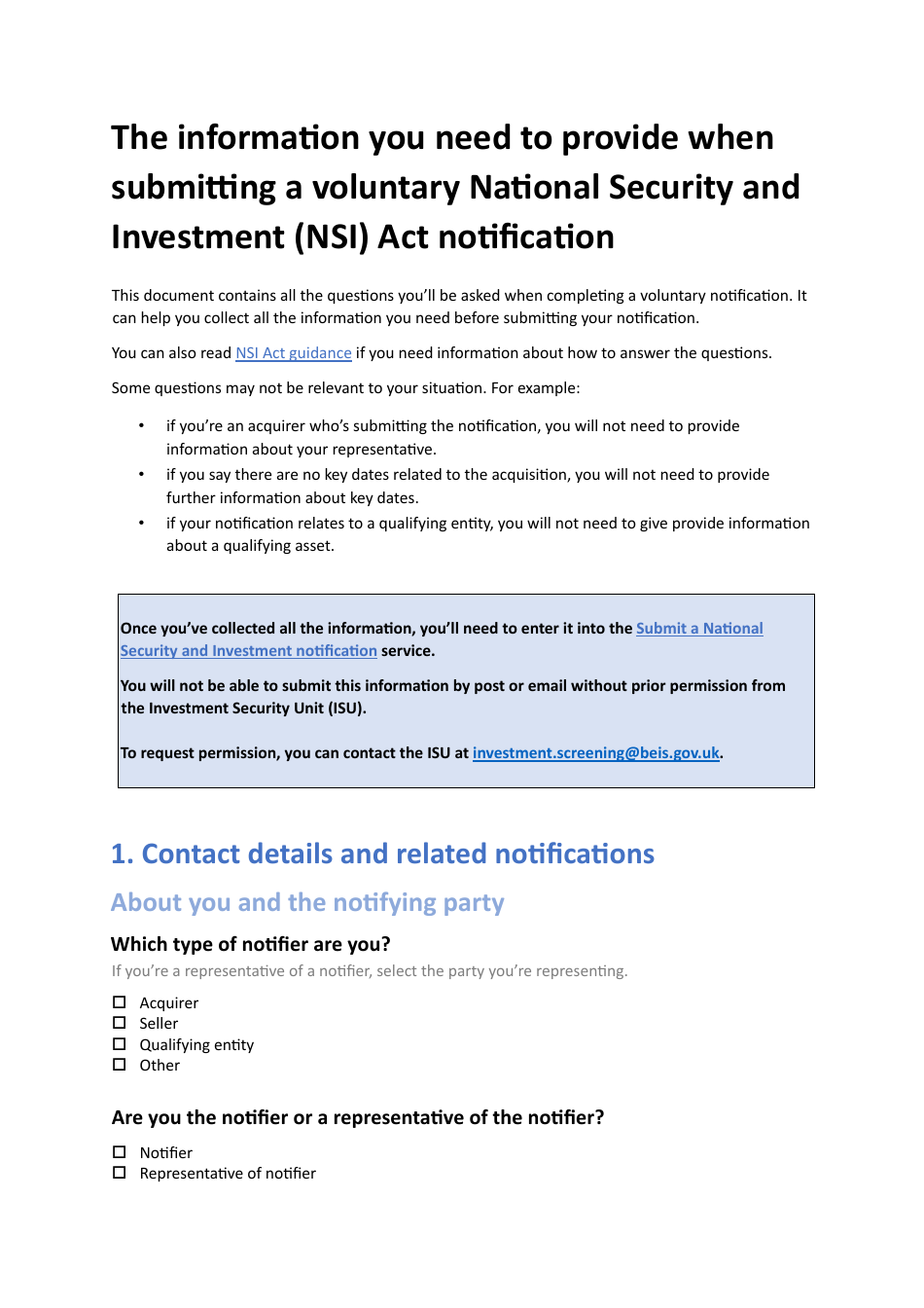 Voluntary National Security and Investment (Nsi) Act Notification - United Kingdom, Page 1