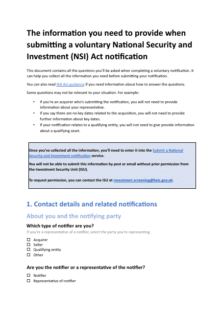 Voluntary National Security and Investment (Nsi) Act Notification - United Kingdom Download Pdf