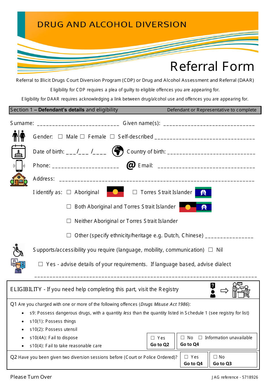 Queensland Australia Drug and Alcohol Diversion Referral Form Fill