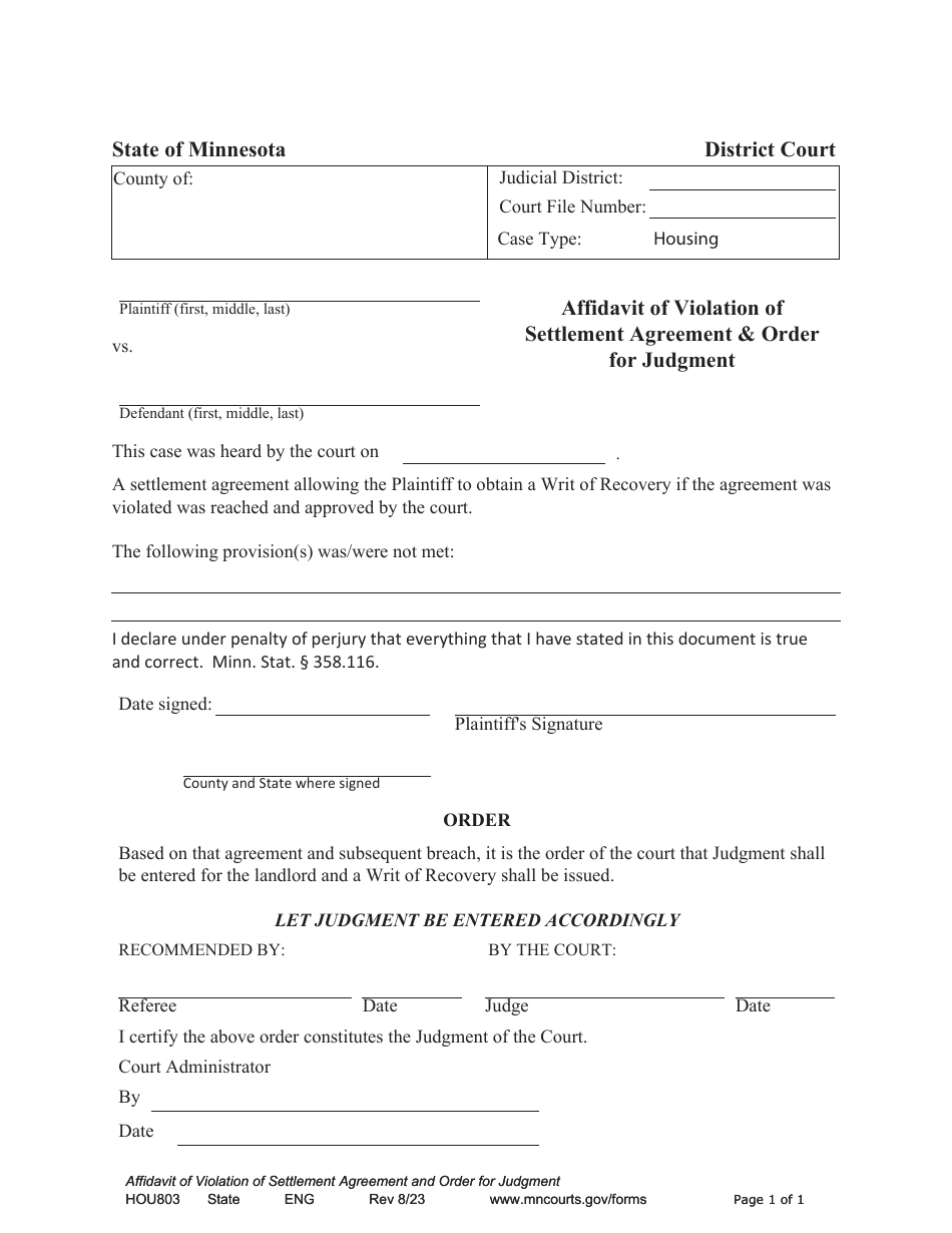 Form HOU803 Affidavit of Violation of Settlement Agreement  Order for Judgment - Minnesota, Page 1
