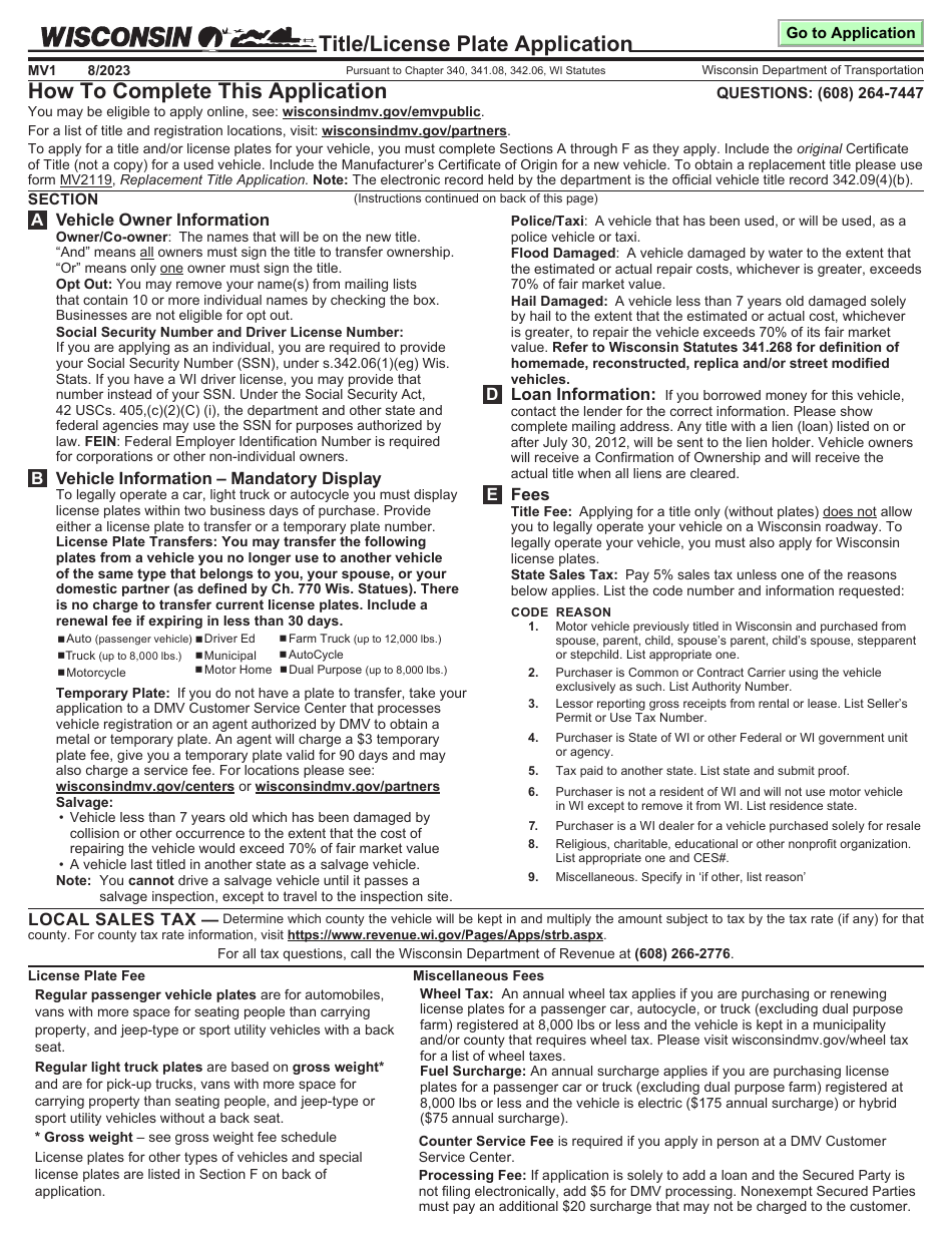 Form MV1-1 Wisconsin Title  License Plate Application - Wisconsin, Page 1