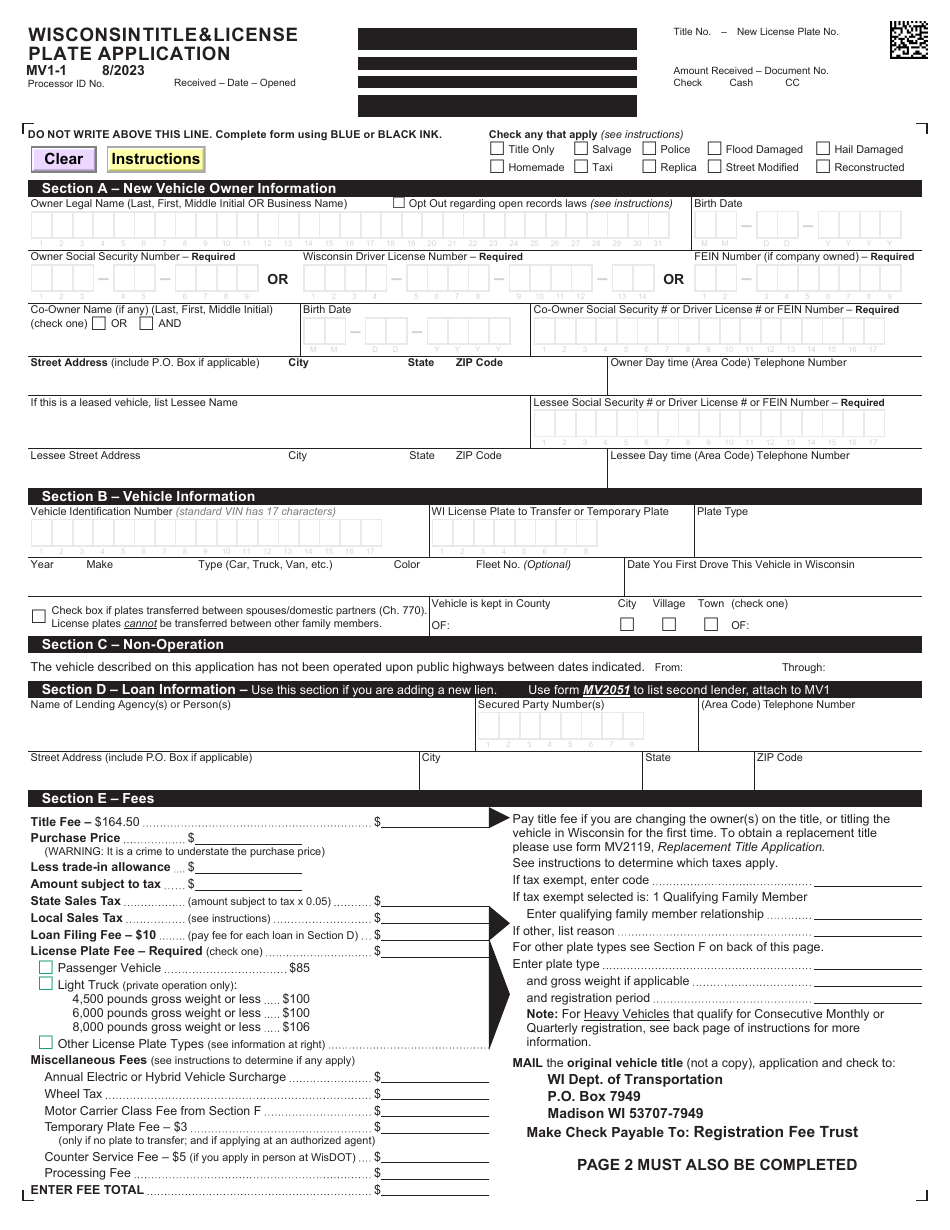 Form MV1-1 Wisconsin Title  License Plate Application - Wisconsin, Page 3