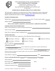 Document preview: Cosmetology Board Affidavit of Completion - South Carolina