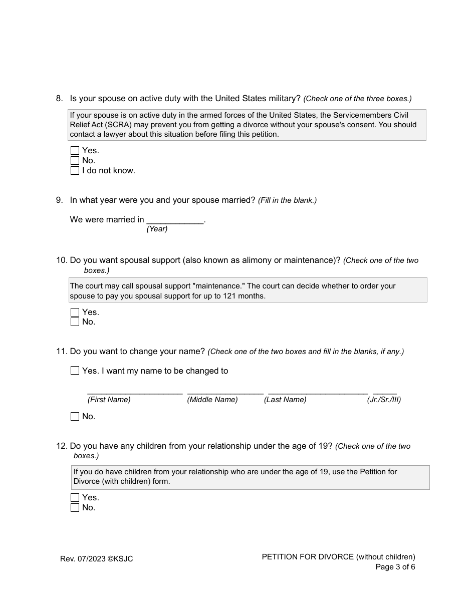 Petition for Divorce (Without Children) - Kansas, Page 3