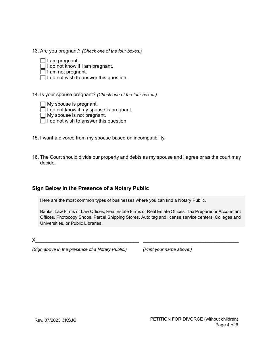 Petition for Divorce (Without Children) - Kansas, Page 4