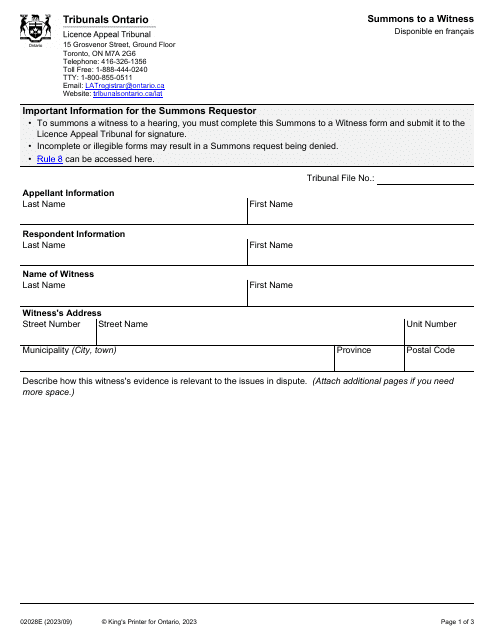 Form 02028E Summons to a Witness - Ontario, Canada