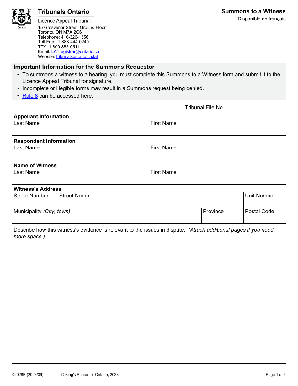 Form 02028E Summons to a Witness - Ontario, Canada, Page 1