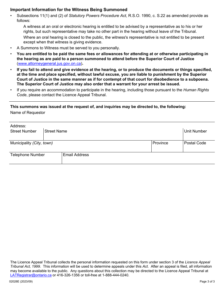 Form 02028E Summons to a Witness - Ontario, Canada, Page 3