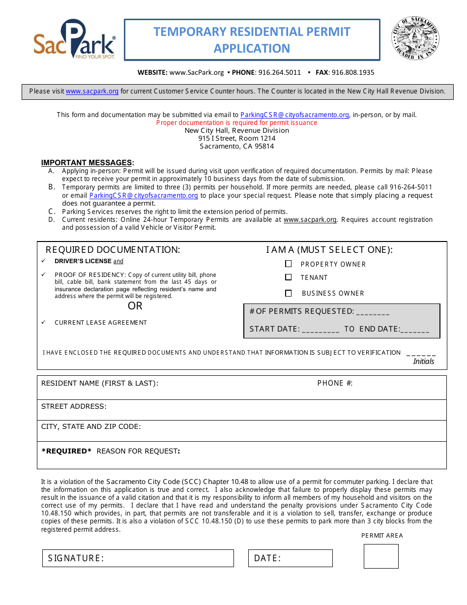 Temporary Residential Parking Permit Application - City of Sacramento, California, Page 1