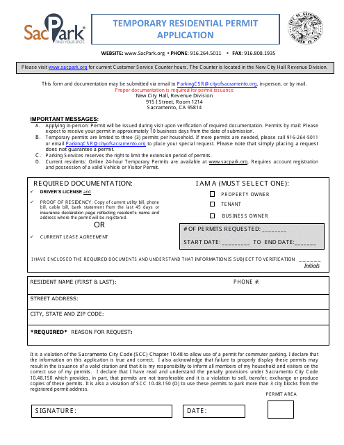 Temporary Residential Parking Permit Application - City of Sacramento, California