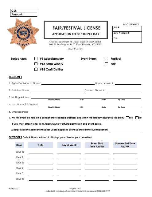 Fair/Festival License Application - Arizona