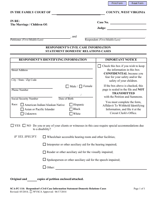Form SCA-FC-114 Respondent's Civil Case Information Statement Domestic Relations Cases - West Virginia