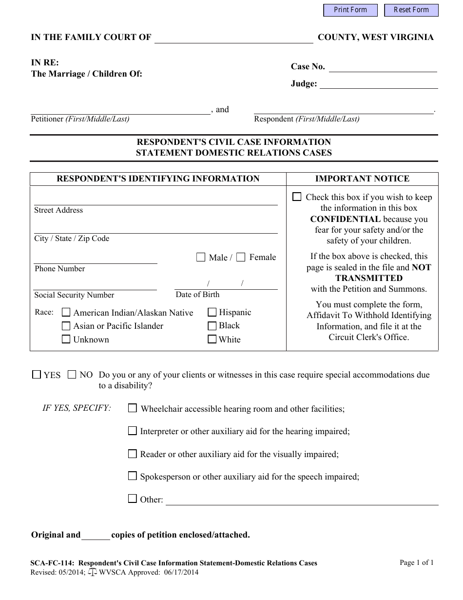 Form SCA-FC-114 Respondents Civil Case Information Statement Domestic Relations Cases - West Virginia, Page 1