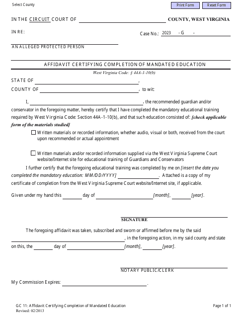 Form GC11 Affidavit Certifying Completion of Mandated Education - West Virginia
