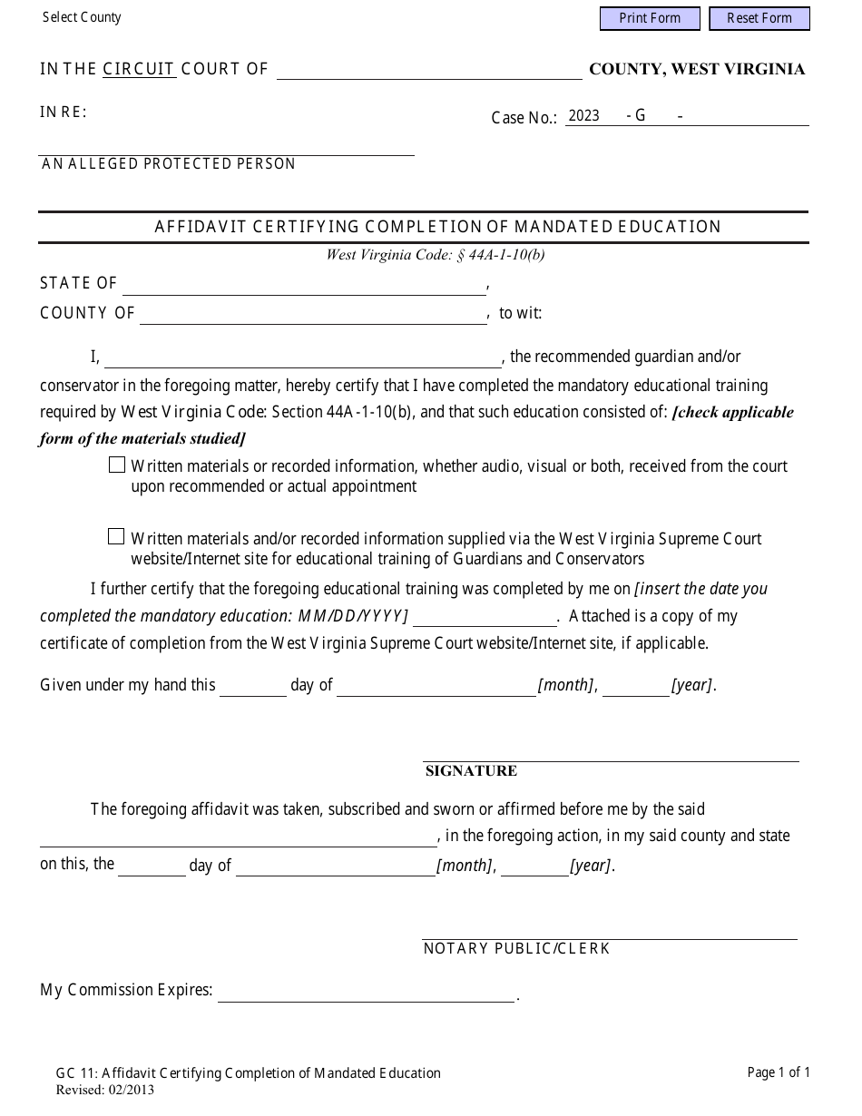Form GC11 Affidavit Certifying Completion of Mandated Education - West Virginia, Page 1